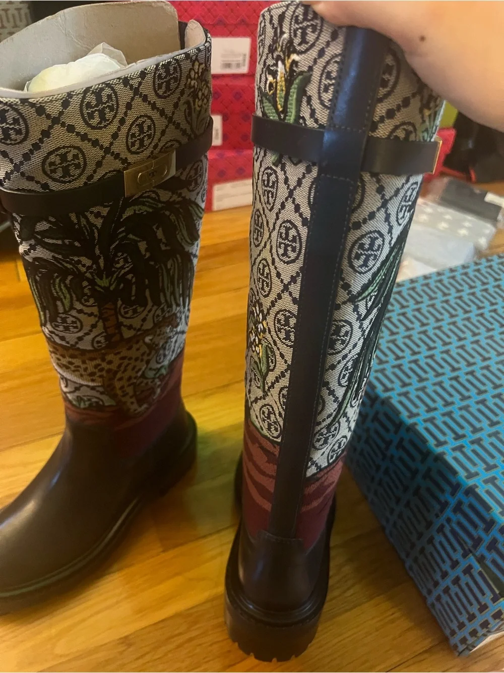 Tory Burch Tall Logo Jacquard T Hardware Embroidered Needlepoint Boot in Navy: 6